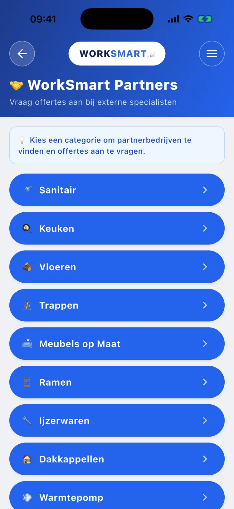 WorkSmart Partners: partnerbedrijven per categorie in de WorkSmart AI app